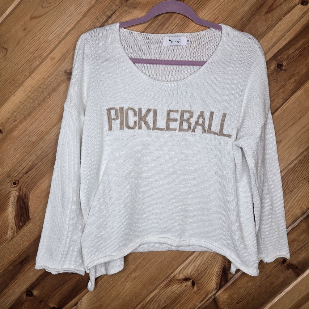 Miracle Pickleball‎ White Knit Sweater Sz Medium Scoop Neck Relaxed Oversized